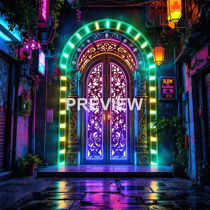 A brightly illuminated, ornate door with intricate patterns, surrounded by colorful neon lights and vibrant signage, set in a narrow alleyway at night.
